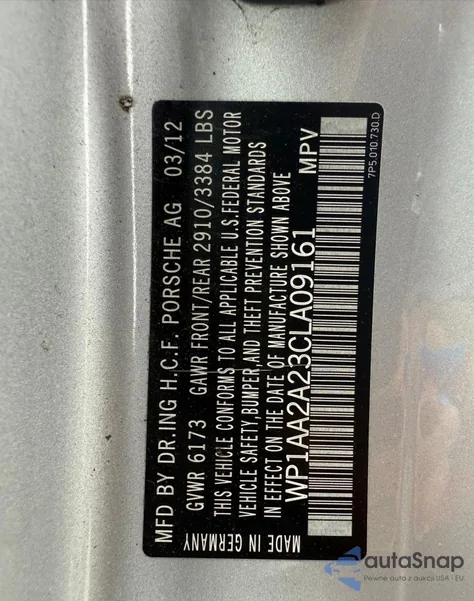 2012 Porsche Cayenne z USA, uszkodzony, nr VIN WP1AA2A23CLA09161